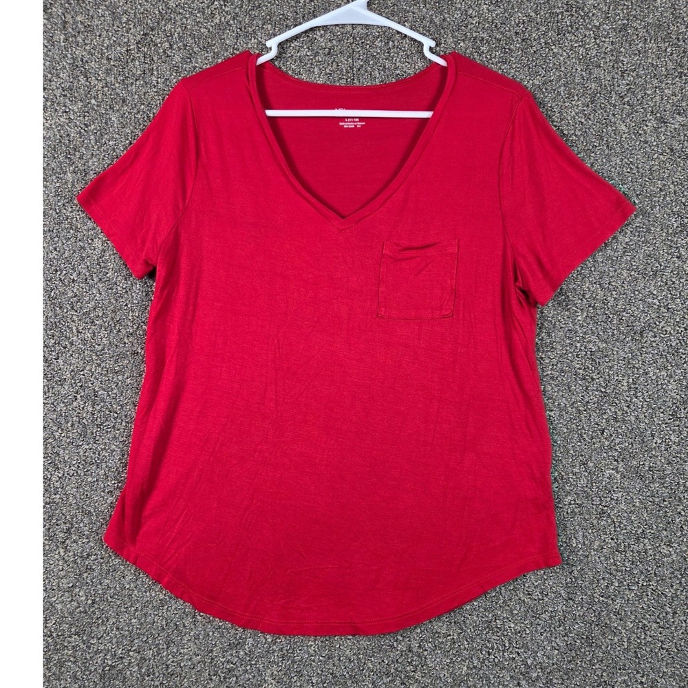 No Boundaries V-Neck T-Shirt Women Large L 11-13 Red Pocket‎ Short Sleeve Tee